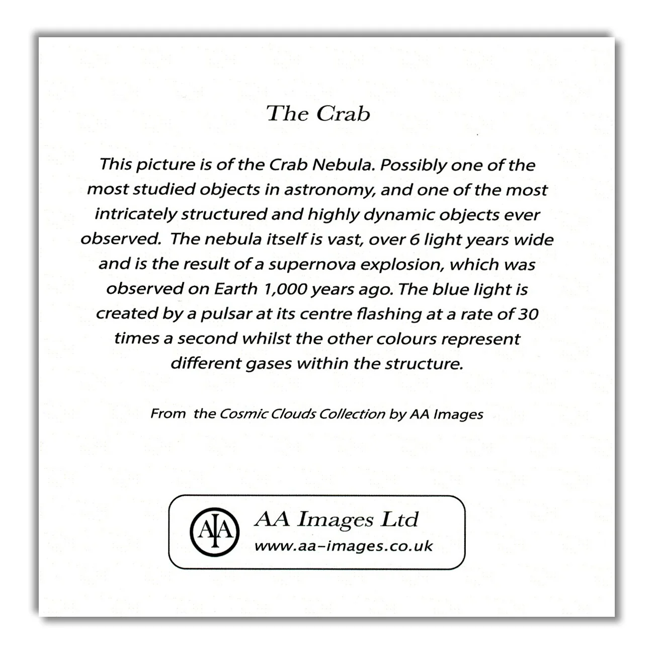 Space Art Greeting Card - The Crab 5 Space Art Card - Crab Nebula - Description