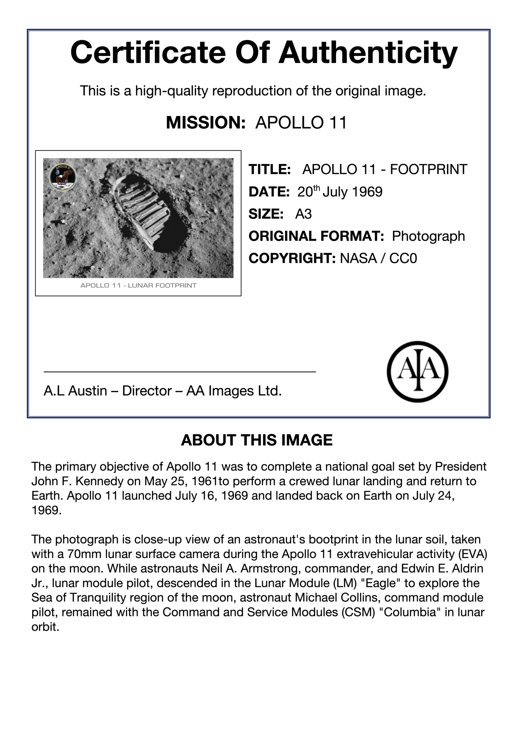 Apollo 11 Mission - Footprint - A2 / A3 print - Iconic image 2 Apollo 11 Footprint image - Certificate of authenticity