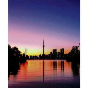 Toronto skyline greeting card - front, city reflected in Lake Ontario at sunset