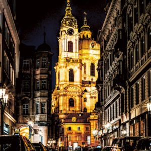 Prague skyline greeting card - St Nicholas Church at night