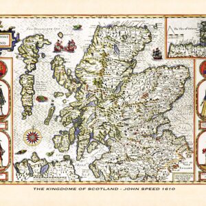 Old map of Scotland by John Speed, 1610 – The Kingdome of Scotland, showing the Hebrides, Orkney inset, sailing ships and royal portraits